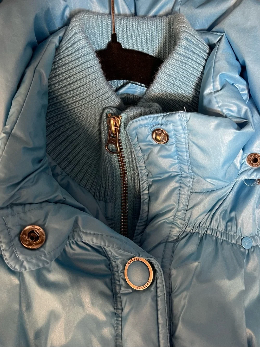 Justice Girls' Light Blue Puffer Jacket with Faux Fur Trim